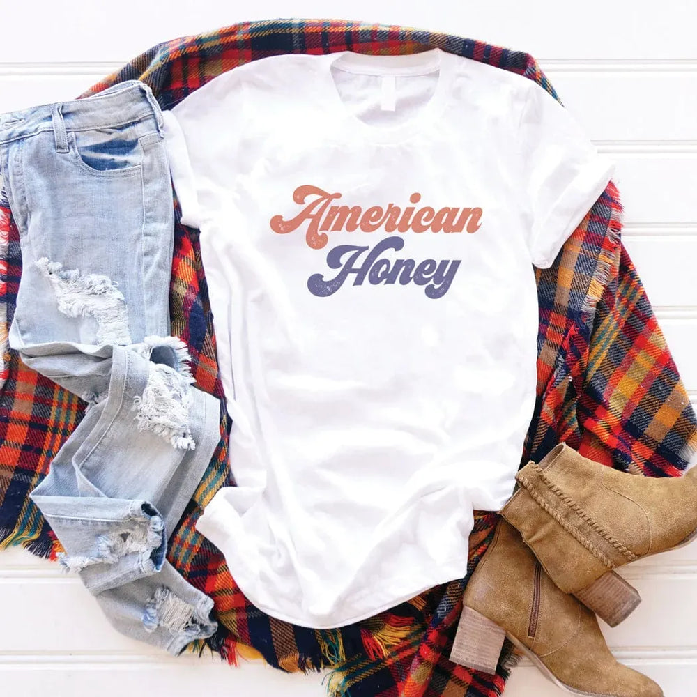 Rockledge Designs LLC Shirts & Tops American Honey Retro Patriotic Graphic T-Shirt - TY149 American Honey Retro Patriotic Graphic T-Shirt - TY149