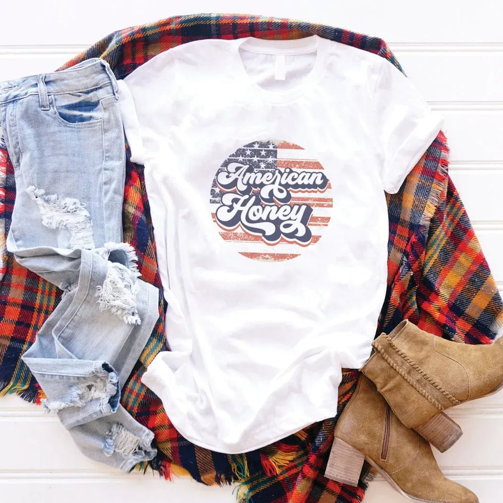 Rockledge Designs LLC Shirts & Tops American Honey Retro Patriotic Tee – Distressed USA Graphic Shirt - WE174 American Honey Retro Patriotic Tee – Distressed USA Graphic Shirt - WE174