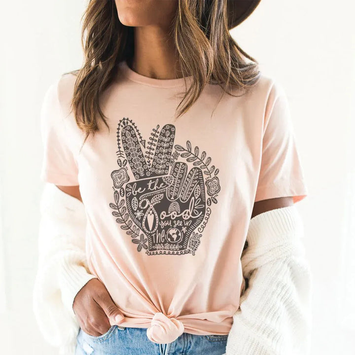 Rockledge Designs LLC Shirts & Tops Be The Good Peace Hand Tee – Boho Inspirational Graphic T-Shirt - IN154 Be The Good Peace Hand Tee – Boho Inspirational Graphic T-Shirt - IN154