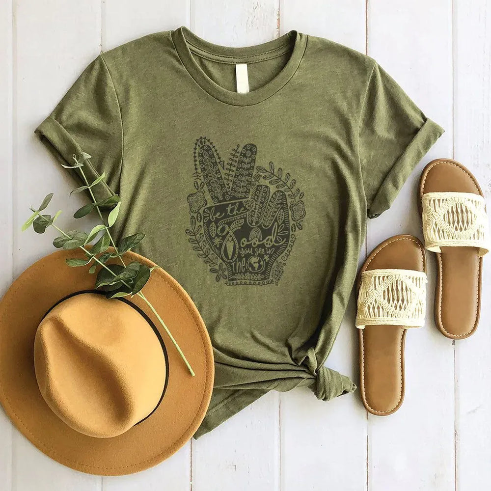 Rockledge Designs LLC Shirts & Tops Be The Good Peace Hand Tee – Boho Inspirational Graphic T-Shirt - IN154 Be The Good Peace Hand Tee – Boho Inspirational Graphic T-Shirt - IN154