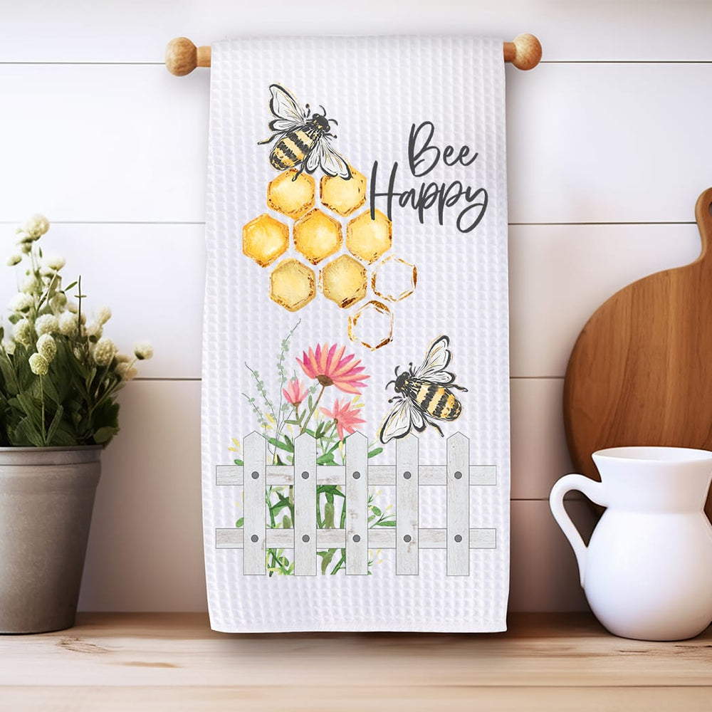 Bee Happy Kitchen Towel: Floral Honey Bee Gift for Garden Lovers Rockledge Designs LLC