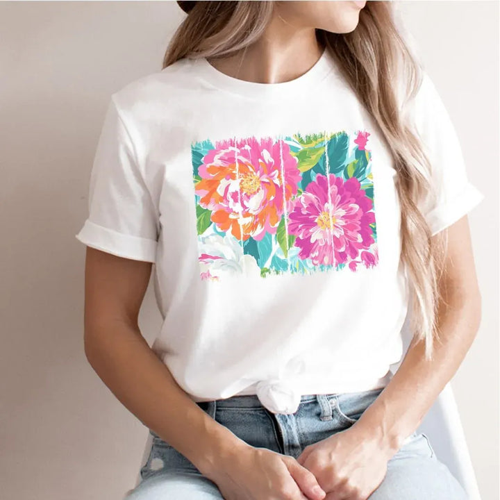 Rockledge Designs LLC Shirts & Tops Bold Floral Brushstroke Tee – Colorful Peony Art Graphic T-Shirt - SE102 Bold Floral Brushstroke Tee – Colorful Peony Art Graphic T-Shirt - SE102