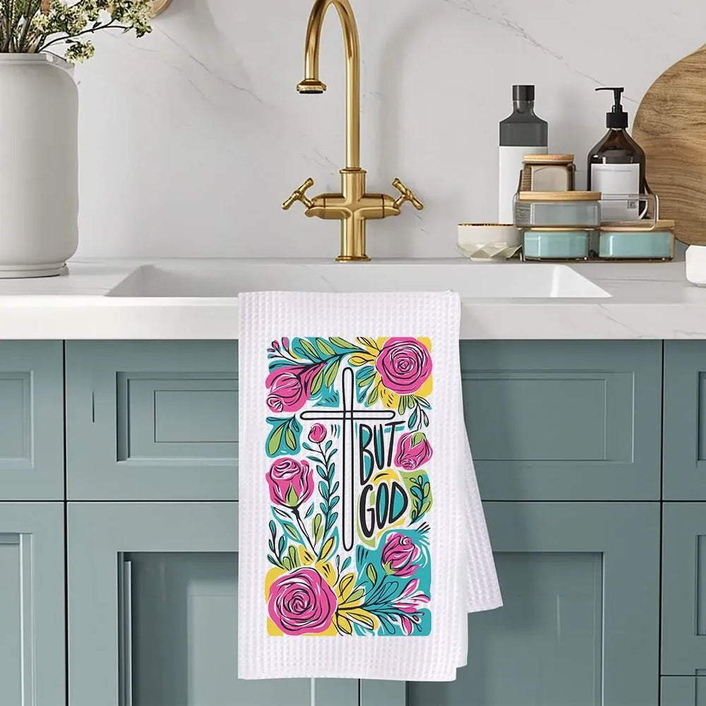 Rockledge Designs LLC Kitchen Decor But God Floral Christian Kitchen Hand Towel | Waffle Weave Microfiber Dish Towel But God Floral Christian Kitchen Hand Towel | Waffle Weave Microfiber Dish Towel