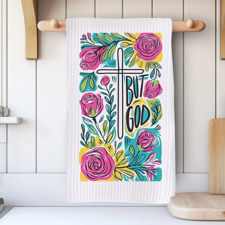 Rockledge Designs LLC Kitchen Decor But God Floral Christian Kitchen Hand Towel | Waffle Weave Microfiber Dish Towel But God Floral Christian Kitchen Hand Towel | Waffle Weave Microfiber Dish Towel