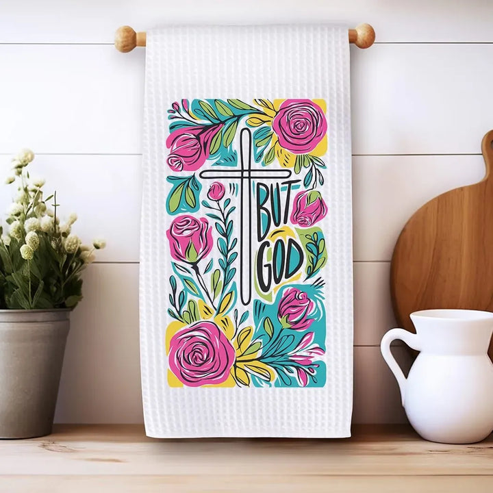 Rockledge Designs LLC Kitchen Decor But God Floral Christian Kitchen Hand Towel | Waffle Weave Microfiber Dish Towel But God Floral Christian Kitchen Hand Towel | Waffle Weave Microfiber Dish Towel