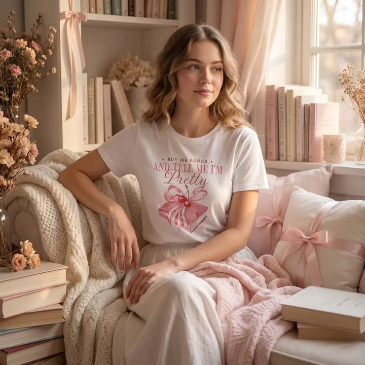 Rockledge Designs LLC Shirts & Tops Buy Me Books Shirt: Cute Reader Girl Aesthetic Tee - SU404 Buy Me Books Shirt: Cute Reader Girl Aesthetic Tee - SU404