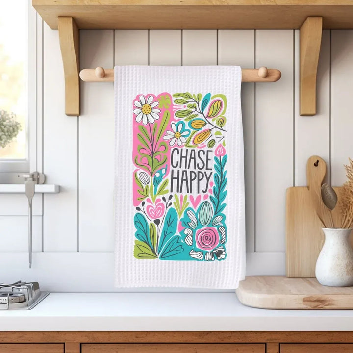 Rockledge Designs LLC Kitchen Decor Chase Happy Floral Kitchen Hand Towel | Waffle Weave Microfiber Dish Towel Chase Happy Floral Kitchen Hand Towel | Waffle Weave Microfiber Dish Towel