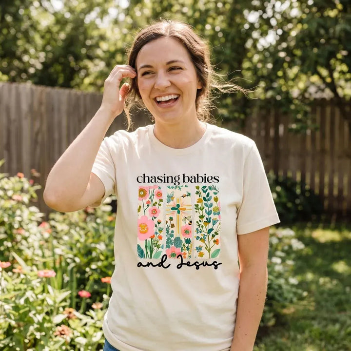 Rockledge Designs LLC Shirts & Tops Chasing Babies and Jesus Shirt: Floral Christian Mom Tee - SU406 Chasing Babies and Jesus Shirt: Floral Christian Mom Tee - SU406