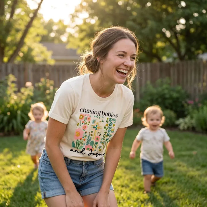Rockledge Designs LLC Shirts & Tops Chasing Babies and Jesus Shirt: Floral Christian Mom Tee - SU406 Chasing Babies and Jesus Shirt: Floral Christian Mom Tee - SU406