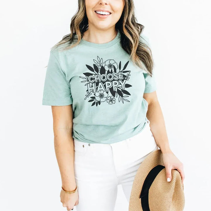 Rockledge Designs LLC Shirts & Tops Choose Happy Floral Tee – Inspirational Positive Vibes Graphic T-Shirt - SP415 Choose Happy Floral Tee – Inspirational Positive Vibes Graphic T-Shirt - SP415