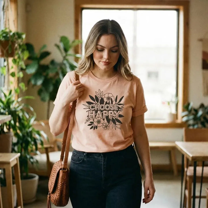 Rockledge Designs LLC Shirts & Tops Choose Happy Floral Tee – Inspirational Positive Vibes Graphic T-Shirt - SP415 Choose Happy Floral Tee – Inspirational Positive Vibes Graphic T-Shirt - SP415