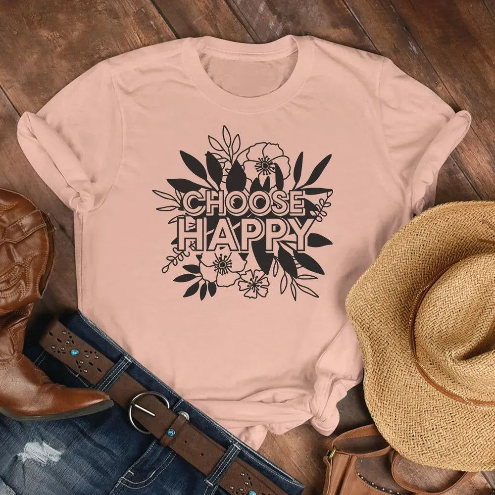 Rockledge Designs LLC Shirts & Tops Choose Happy Floral Tee – Inspirational Positive Vibes Graphic T-Shirt - SP415 Choose Happy Floral Tee – Inspirational Positive Vibes Graphic T-Shirt - SP415