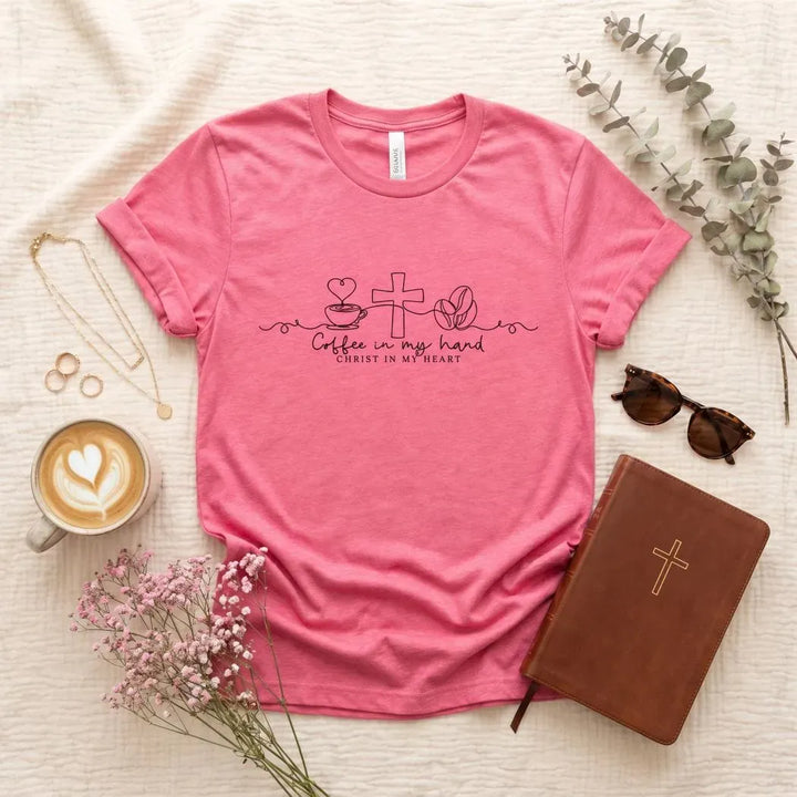 Rockledge Designs LLC Shirts & Tops Coffee in My Hand Christ in My Heart Shirt: Minimal Christian Tee - SU409 Coffee in My Hand Christ in My Heart Shirt: Minimal Christian Tee - SU409