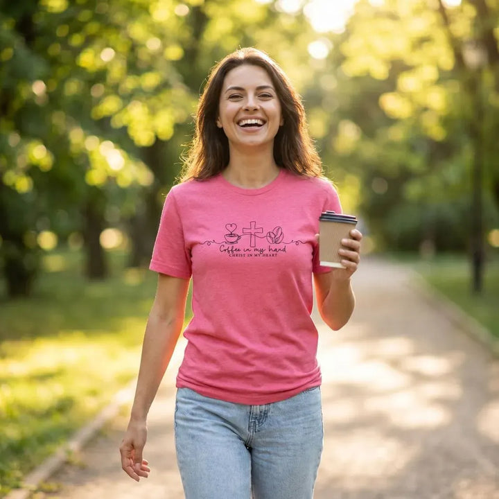 Rockledge Designs LLC Shirts & Tops Coffee in My Hand Christ in My Heart Shirt: Minimal Christian Tee - SU409 Coffee in My Hand Christ in My Heart Shirt: Minimal Christian Tee - SU409