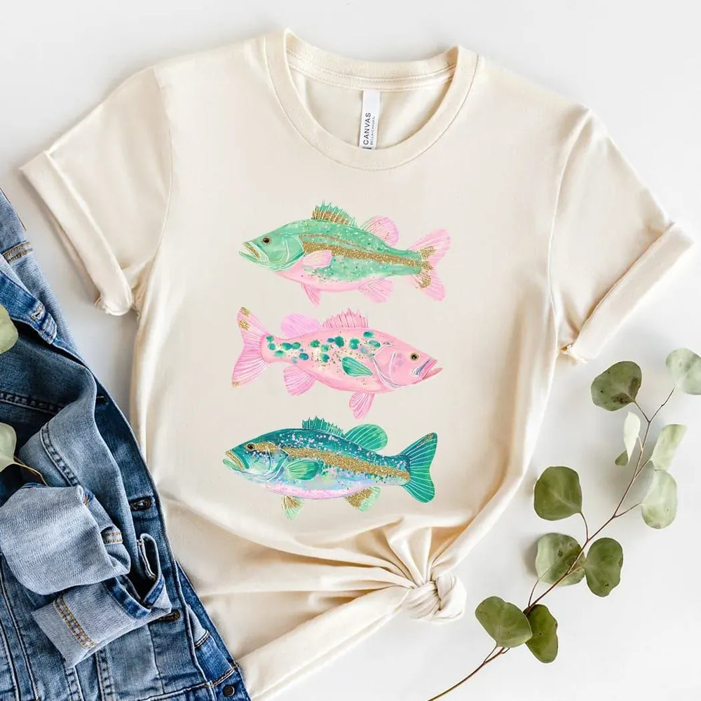 Rockledge Designs LLC Shirts & Tops Colorful Bass Fishing Graphic Tee – Coastal Fish Art Shirt – Trendy Angler T-Shirt - SU400 Colorful Bass Fishing Graphic Tee – Coastal Fish Art Shirt – Trendy Angler T-Shirt - SU400