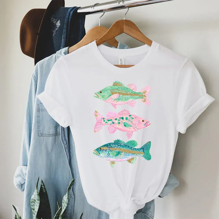 Rockledge Designs LLC Shirts & Tops Colorful Bass Fishing Graphic Tee – Coastal Fish Art Shirt – Trendy Angler T-Shirt - SU400 Colorful Bass Fishing Graphic Tee – Coastal Fish Art Shirt – Trendy Angler T-Shirt - SU400