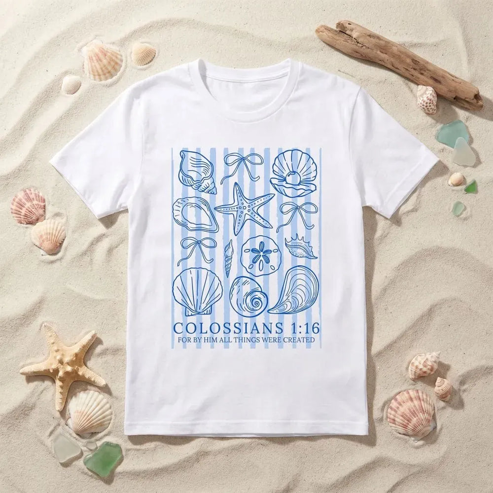 Rockledge Designs LLC Shirts & Tops Colossians 1 16 Coastal Shirt: Seashell Christian Tee for Women - SU401 Colossians 1 16 Coastal Shirt: Seashell Christian Tee for Women - SU401