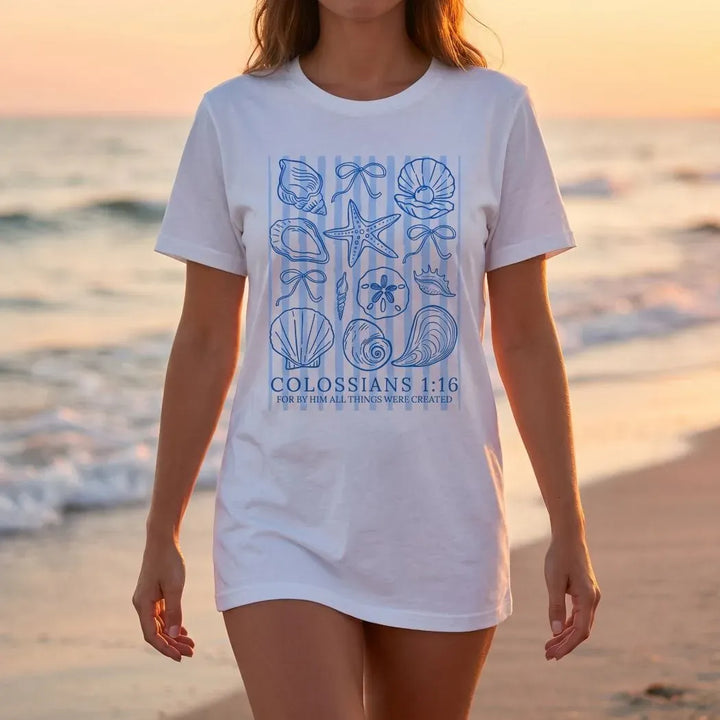 Rockledge Designs LLC Shirts & Tops Colossians 1 16 Coastal Shirt: Seashell Christian Tee for Women - SU401 Colossians 1 16 Coastal Shirt: Seashell Christian Tee for Women - SU401