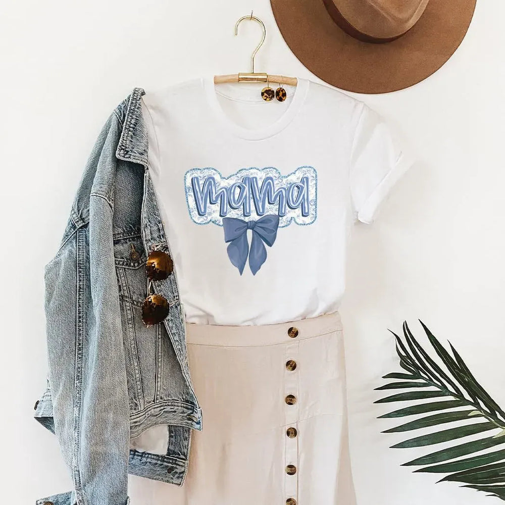 Rockledge Designs LLC Shirts & Tops Coquette Mama Tee – Blue Bow Aesthetic Motherhood Graphic T-Shirt - ML202 Coquette Mama Tee – Blue Bow Aesthetic Motherhood Graphic T-Shirt - ML202
