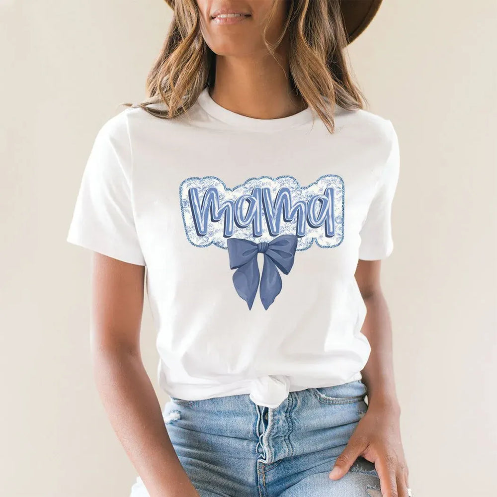 Rockledge Designs LLC Shirts & Tops Coquette Mama Tee – Blue Bow Aesthetic Motherhood Graphic T-Shirt - ML202 Coquette Mama Tee – Blue Bow Aesthetic Motherhood Graphic T-Shirt - ML202