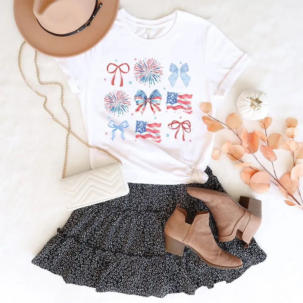 Rockledge Designs LLC Shirts & Tops Coquette USA Tee – Patriotic Bows & Fireworks Fourth of July Graphic T-Shirt - WE504 Coquette USA Tee – Patriotic Bows & Fireworks Fourth of July Graphic T-Shirt - WE504