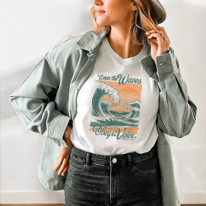 Rockledge Designs LLC Shirts & Tops Even the Waves Obey His Voice Tee – Vintage Christian Wave Graphic T-Shirt - SE109 Even the Waves Obey His Voice Tee – Vintage Christian Wave Graphic T-Shirt - SE109