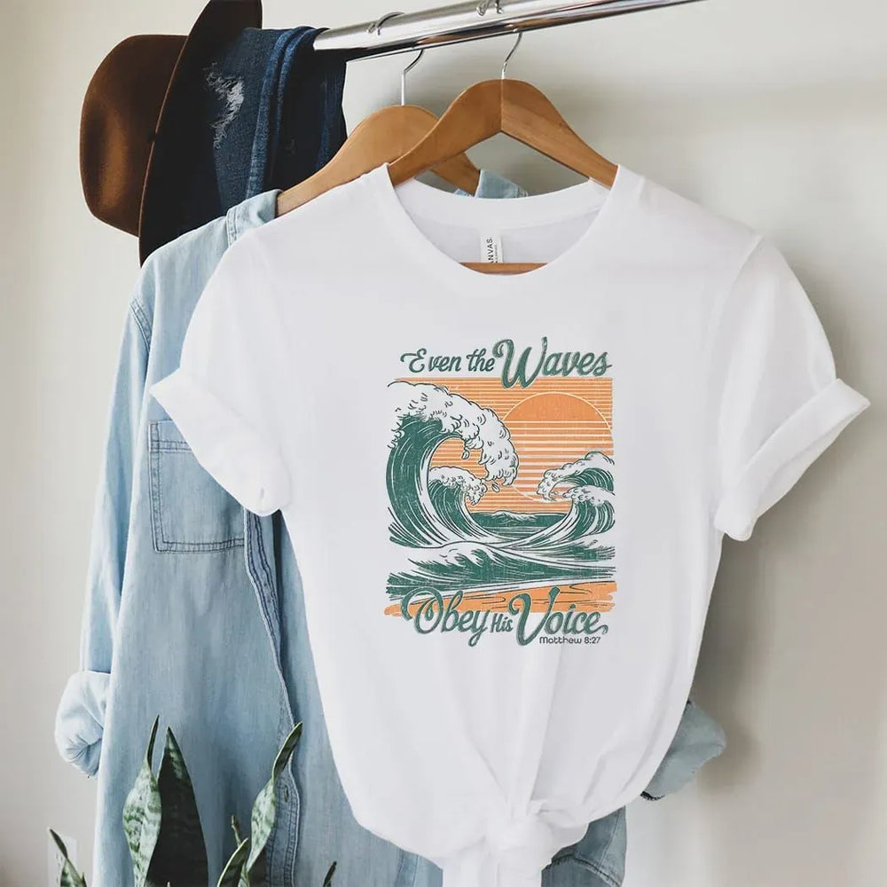 Rockledge Designs LLC Shirts & Tops Even the Waves Obey His Voice Tee – Vintage Christian Wave Graphic T-Shirt - SE109 Even the Waves Obey His Voice Tee – Vintage Christian Wave Graphic T-Shirt - SE109