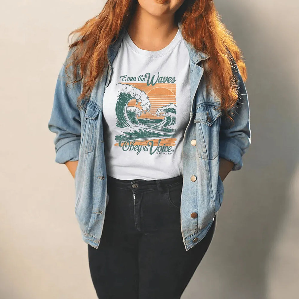 Rockledge Designs LLC Shirts & Tops Even the Waves Obey His Voice Tee – Vintage Christian Wave Graphic T-Shirt - SE109 Even the Waves Obey His Voice Tee – Vintage Christian Wave Graphic T-Shirt - SE109