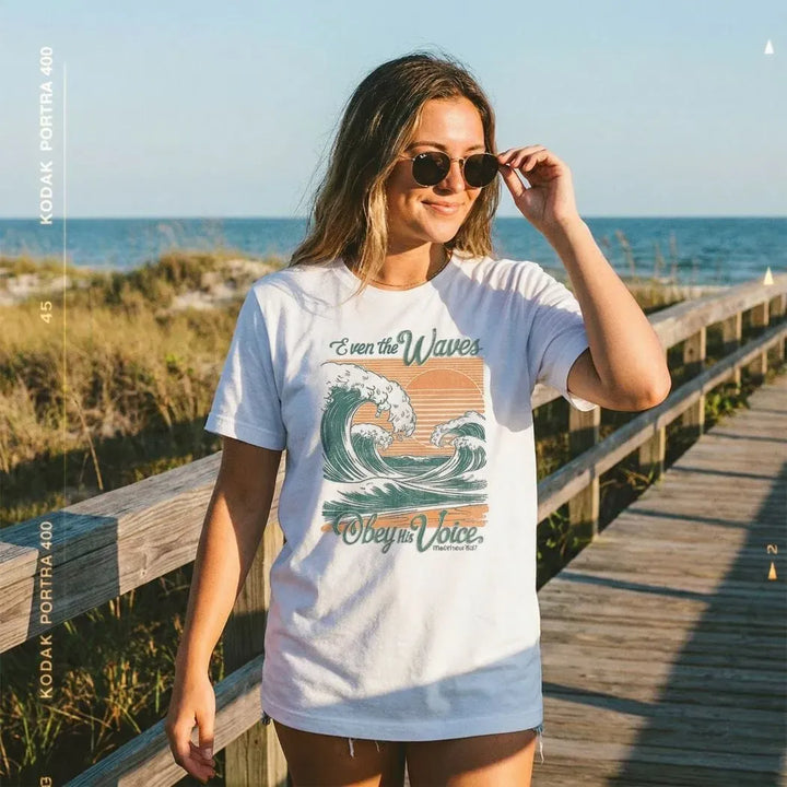 Rockledge Designs LLC Shirts & Tops Even the Waves Obey His Voice Tee – Vintage Christian Wave Graphic T-Shirt - SE109 Even the Waves Obey His Voice Tee – Vintage Christian Wave Graphic T-Shirt - SE109