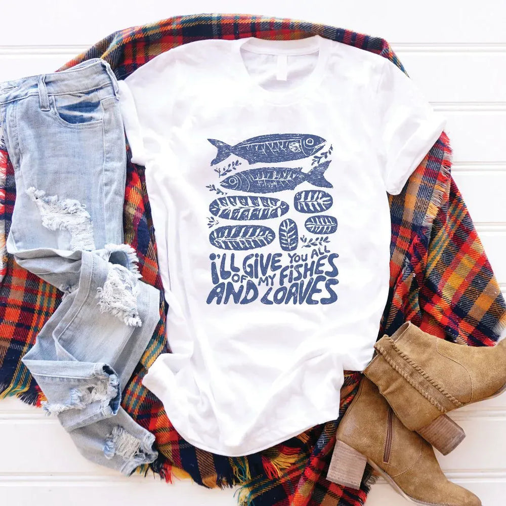 Rockledge Designs LLC Shirts & Tops Fishes and Loaves Tee – Christian Giving & Faith Graphic T-Shirt - SE105 Fishes and Loaves Tee – Christian Giving & Faith Graphic T-Shirt - SE105