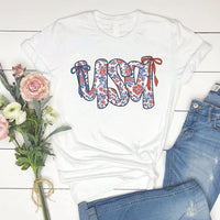 Rockledge Designs LLC Shirts & Tops Floral Coquette USA Tee – Patriotic Vintage Bow Graphic T-Shirt for 4th of July - WE503 Floral Coquette USA Tee – Patriotic Vintage Bow Graphic T-Shirt for 4th of July - WE503