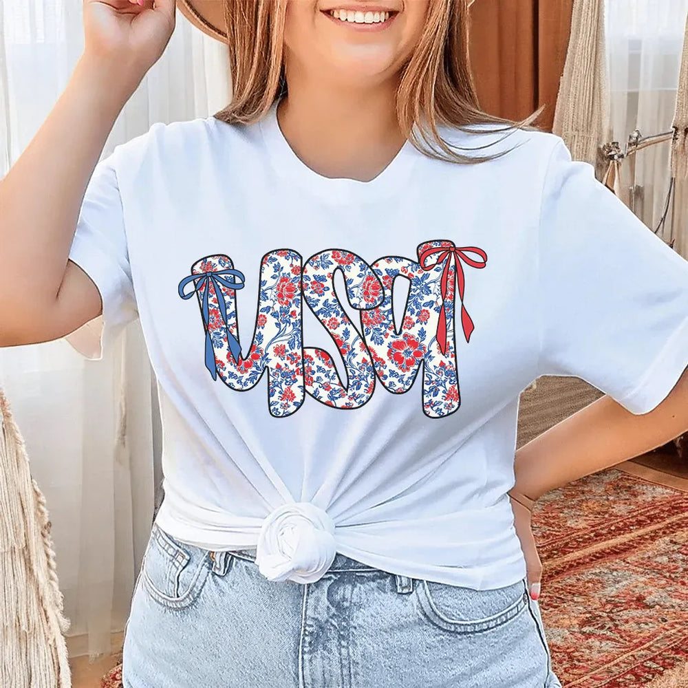 Rockledge Designs LLC Shirts & Tops Floral Coquette USA Tee – Patriotic Vintage Bow Graphic T-Shirt for 4th of July - WE503 Floral Coquette USA Tee – Patriotic Vintage Bow Graphic T-Shirt for 4th of July - WE503