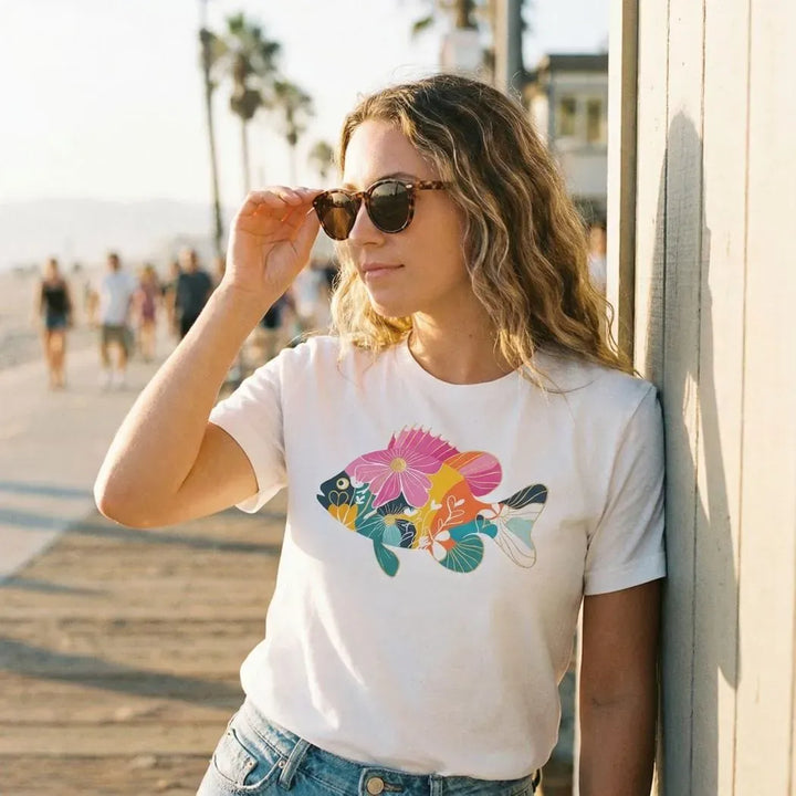 Rockledge Designs LLC Shirts & Tops Floral Fish Graphic Tee – Colorful Coastal Art Shirt – Boho Fishing Inspired T-Shirt - SE115 Floral Fish Graphic Tee – Colorful Coastal Art Shirt – Boho Fishing Inspired T-Shirt - SE115