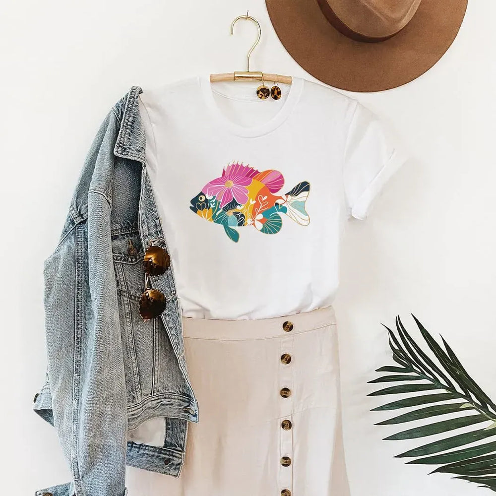 Rockledge Designs LLC Shirts & Tops Floral Fish Graphic Tee – Colorful Coastal Art Shirt – Boho Fishing Inspired T-Shirt - SE115 Floral Fish Graphic Tee – Colorful Coastal Art Shirt – Boho Fishing Inspired T-Shirt - SE115