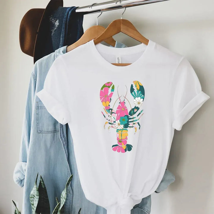 Rockledge Designs LLC Shirts & Tops Floral Lobster Graphic Tee – Coastal Boho Lobster Shirt – Colorful Beach T-Shirt - SE116 Floral Lobster Graphic Tee – Coastal Boho Lobster Shirt – Colorful Beach T-Shirt - SE116