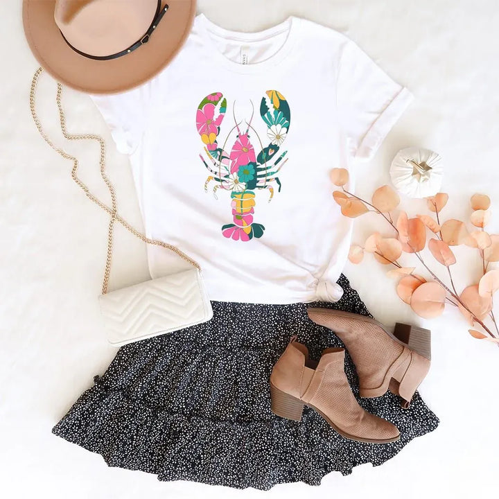 Rockledge Designs LLC Shirts & Tops Floral Lobster Graphic Tee – Coastal Boho Lobster Shirt – Colorful Beach T-Shirt - SE116 Floral Lobster Graphic Tee – Coastal Boho Lobster Shirt – Colorful Beach T-Shirt - SE116