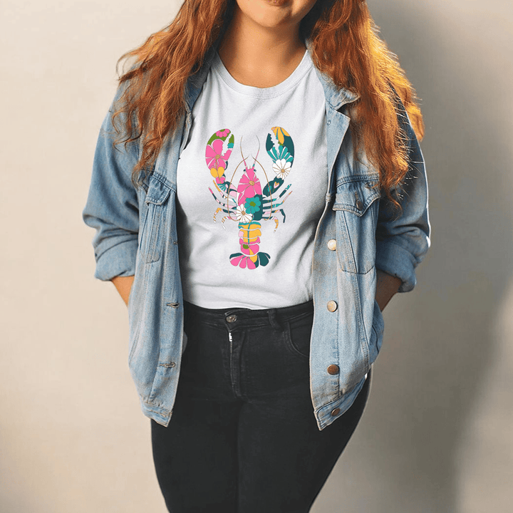 Floral Lobster Graphic Tee – Coastal Boho Lobster Shirt – Colorful Beach T-Shirt - SE116 Rockledge Designs LLC