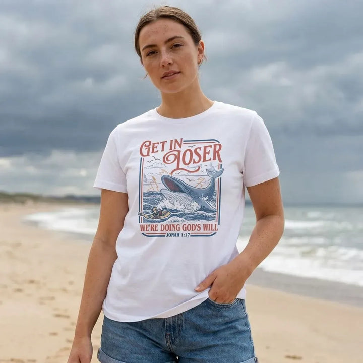 Rockledge Designs LLC Shirts & Tops Get in Loser Christian Shirt: Funny Jonah Bible Tee - SU412 Get in Loser Christian Shirt: Funny Jonah Bible Tee - SU412
