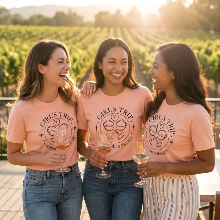 Rockledge Designs LLC Shirts & Tops Girls Trip Cheaper Than Therapy Shirts: Matching Wine Trip Tees - SU407 Girls Trip Cheaper Than Therapy Shirts: Matching Wine Trip Tees - SU407