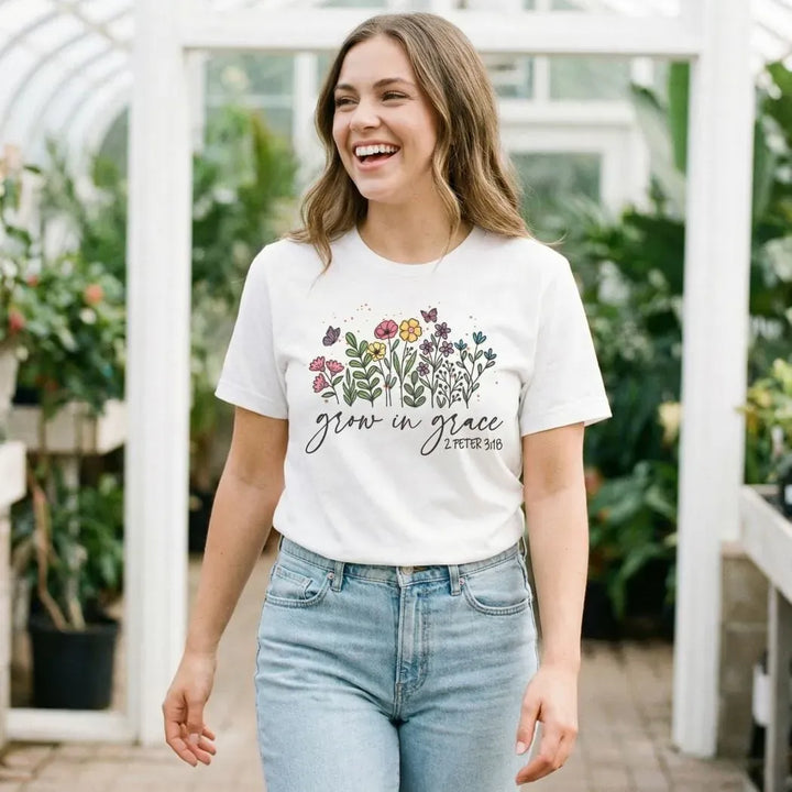 Rockledge Designs LLC Shirts & Tops Grow in Grace Floral Christian Tee – Scripture Shirt (2 Peter 3:18) - SP418 Grow in Grace Floral Christian Tee – Scripture Shirt (2 Peter 3:18) - SP418