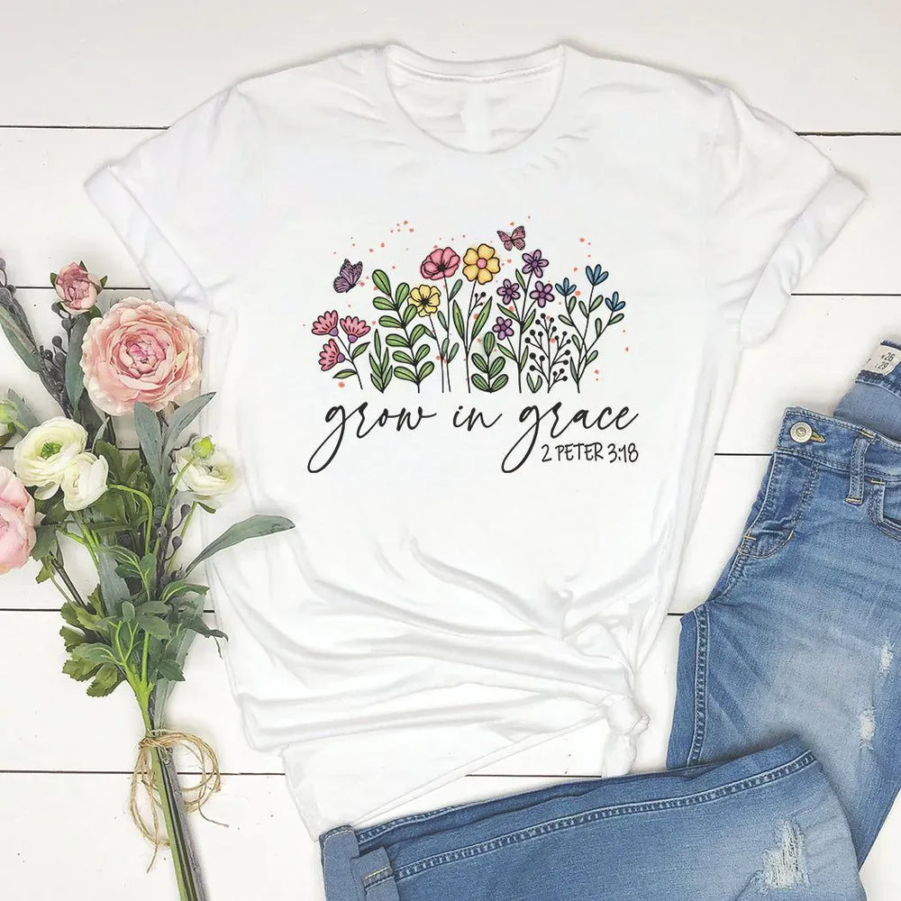 Rockledge Designs LLC Shirts & Tops Grow in Grace Floral Christian Tee – Scripture Shirt (2 Peter 3:18) - SP418 Grow in Grace Floral Christian Tee – Scripture Shirt (2 Peter 3:18) - SP418