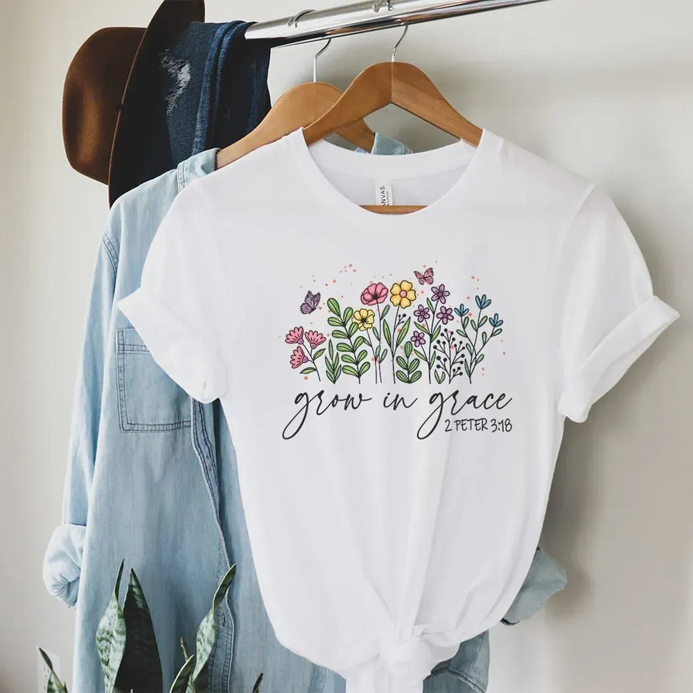 Rockledge Designs LLC Shirts & Tops Grow in Grace Floral Christian Tee – Scripture Shirt (2 Peter 3:18) - SP418 Grow in Grace Floral Christian Tee – Scripture Shirt (2 Peter 3:18) - SP418