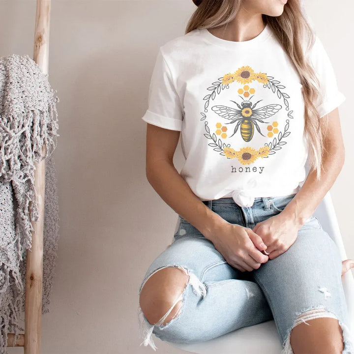 Rockledge Designs LLC Shirts & Tops Honey Bee Floral Graphic Tee – Cute Nature Lover Shirt - SP113 Honey Bee Floral Graphic Tee – Cute Nature Lover Shirt - SP113