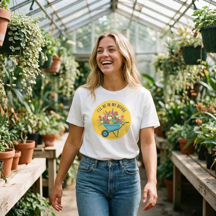 Rockledge Designs LLC Shirts & Tops I’ll Be in My Office Gardening Graphic T-Shirt – Wheelbarrow Floral Tee - SP903 I’ll Be in My Office Gardening Graphic T-Shirt – Wheelbarrow Floral Tee - SP903