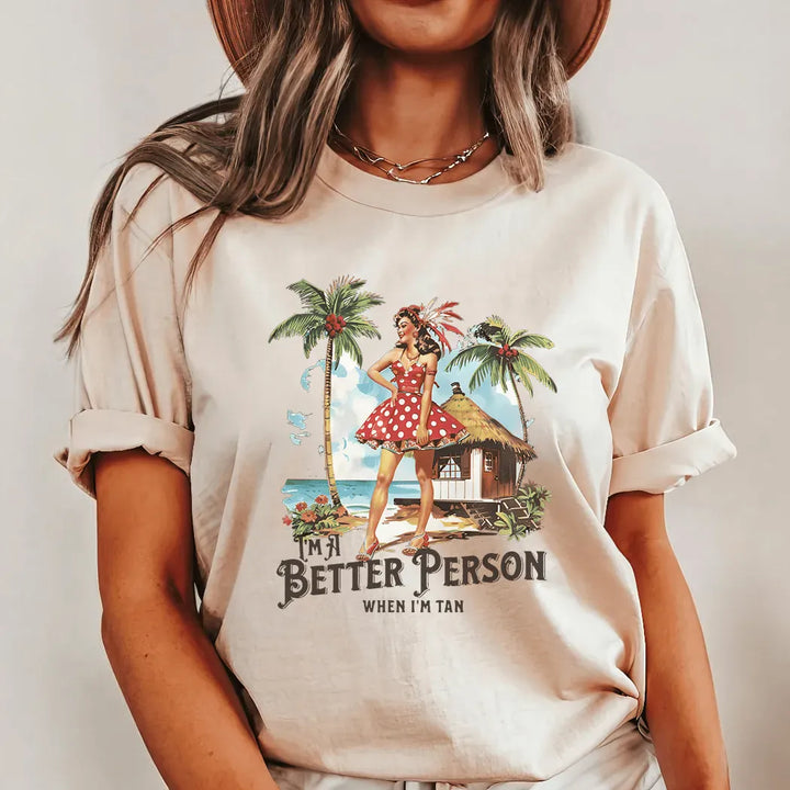 Rockledge Designs LLC Shirts & Tops I’m a Better Person When I’m Tan Graphic Tee – Vintage Beach Pin-Up Shirt – Summer Vacation T-Shirt  - SE111 I’m a Better Person When I’m Tan Graphic Tee – Vintage Beach Pin-Up Shirt – Summer Vacation T-Shirt  - SE111