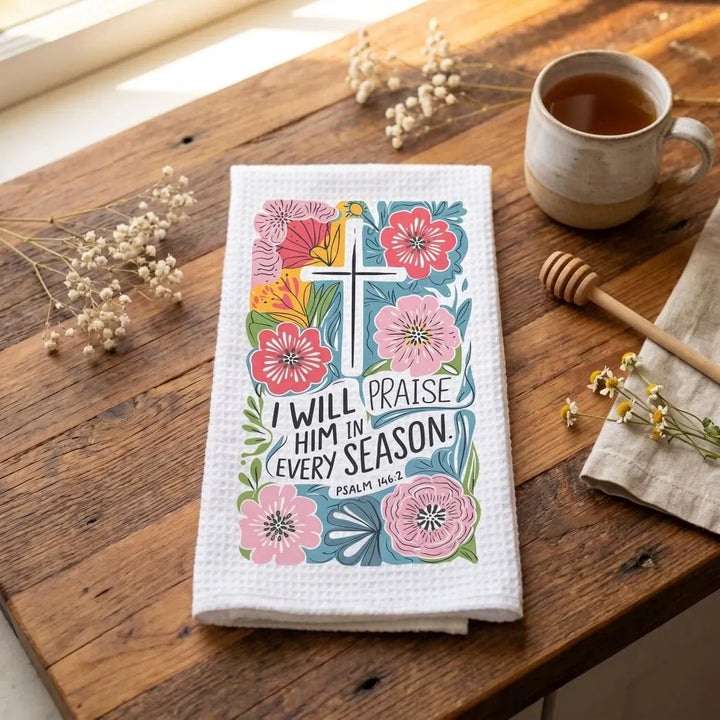 Rockledge Designs LLC Kitchen Decor I Will Praise Him Floral Christian Kitchen Hand Towel | Waffle Weave Microfiber Dish Towel I Will Praise Him Floral Christian Kitchen Hand Towel | Waffle Weave Microfiber Dish Towel