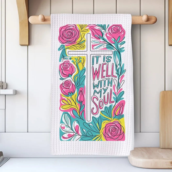 Rockledge Designs LLC Kitchen Decor It Is Well Floral Christian Kitchen Hand Towel | Waffle Weave Microfiber Dish Towel It Is Well Floral Christian Kitchen Hand Towel | Waffle Weave Microfiber Dish Towel