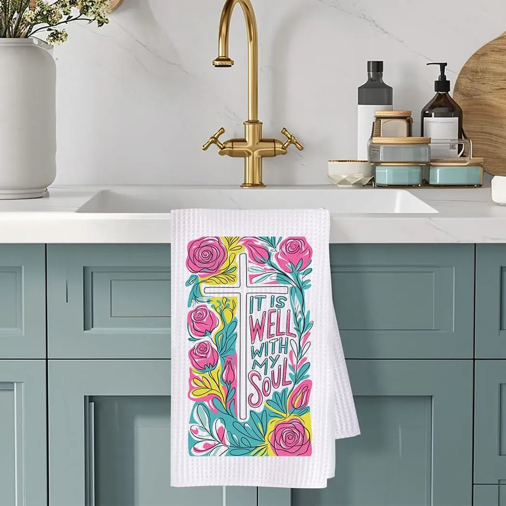 Rockledge Designs LLC Kitchen Decor It Is Well Floral Christian Kitchen Hand Towel | Waffle Weave Microfiber Dish Towel It Is Well Floral Christian Kitchen Hand Towel | Waffle Weave Microfiber Dish Towel