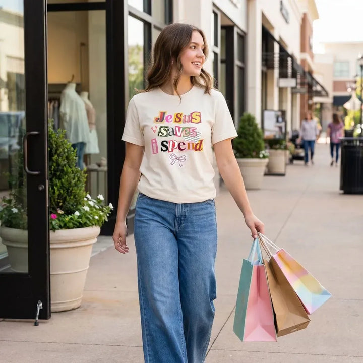 Rockledge Designs LLC Shirts & Tops Jesus Saves I Spend Shirt: Funny Christian Tee for Women - SU414 Jesus Saves I Spend Shirt: Funny Christian Tee for Women - SU414