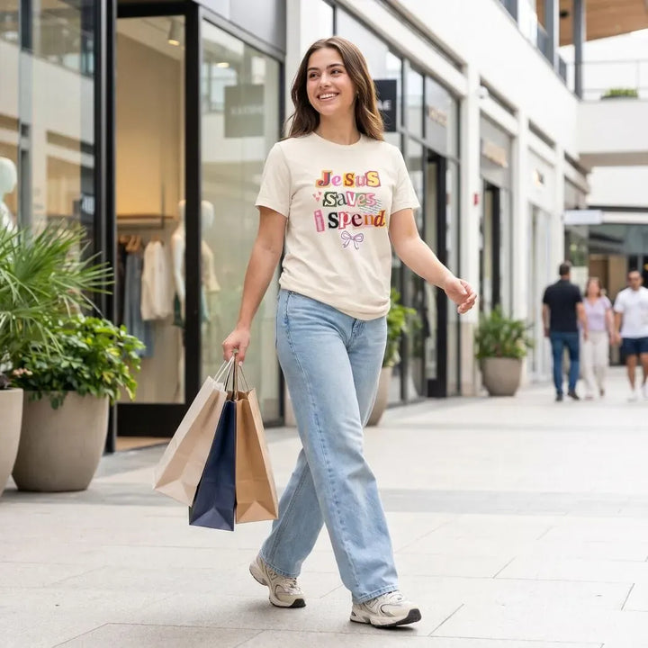 Rockledge Designs LLC Shirts & Tops Jesus Saves I Spend Shirt: Funny Christian Tee for Women - SU414 Jesus Saves I Spend Shirt: Funny Christian Tee for Women - SU414